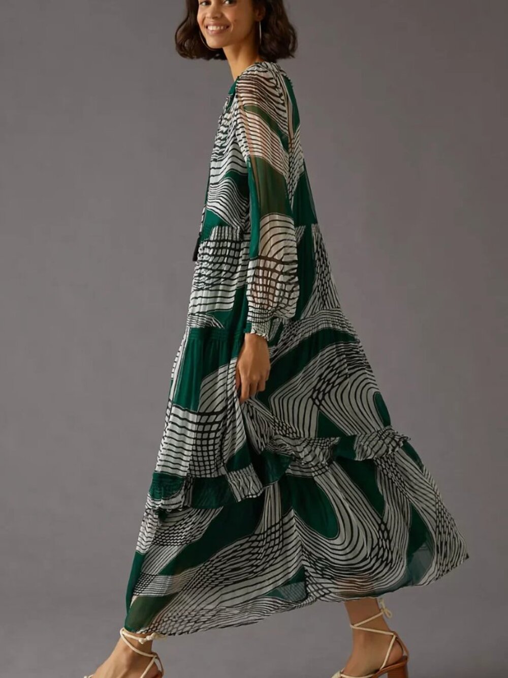 Anthropologie The Marais Printed Chiffon Maxi Dress Geometric Long Sleeve Gown